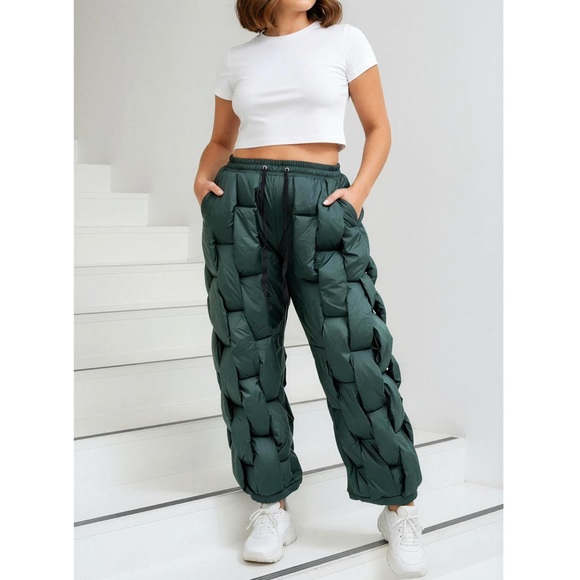 CRISTIAN ZEROTRE Glacier Quilted Puffer Pants Green Weave XS/SM